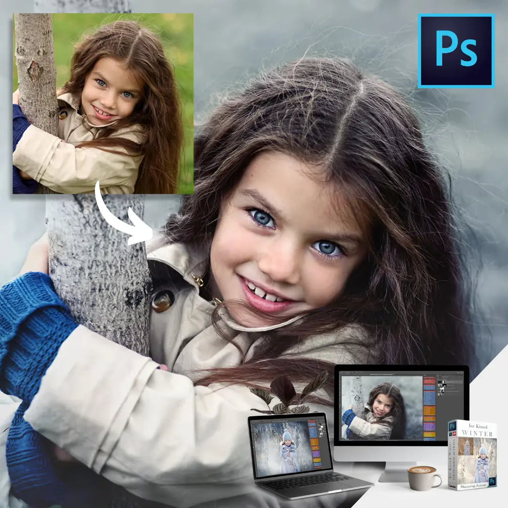 Ice Kissed Winter Photoshop Kit Photoshop Action Set + Moving Snow Video Overlays