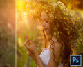 Before and after slider image of a stunning girl holding a flower edited using the Boho Dust & Bokeh Brushes for Photoshop by LSP Actions